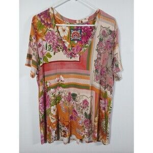 Johnny Was Romantic Favorite V-Neck Tee Size XL Colorful Floral And Stripe EUC